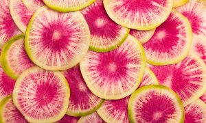 A picture of thin slices of watermelon radish layered on top of one another. Each slice is bright pink in the center with the color fading as it radiates toward the outside edge of the slice. The edge or skin of the radish is a pale green.