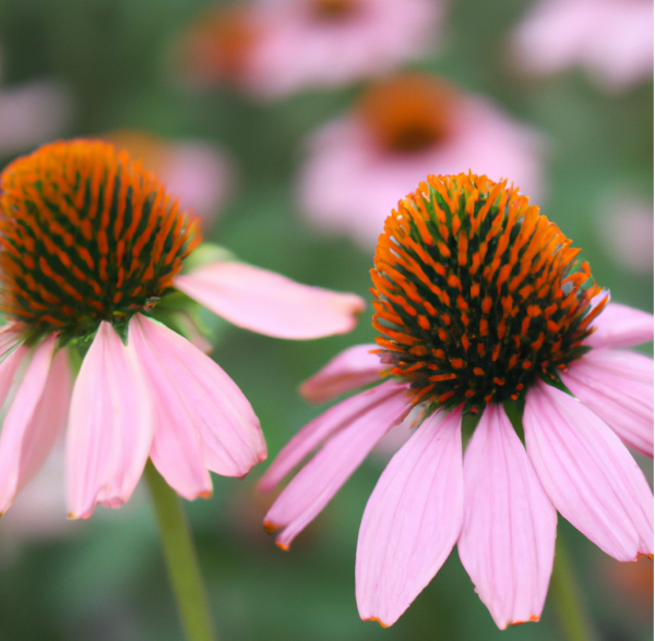 a close-up photograph of two bright pink echinacea with orange, spikey centers